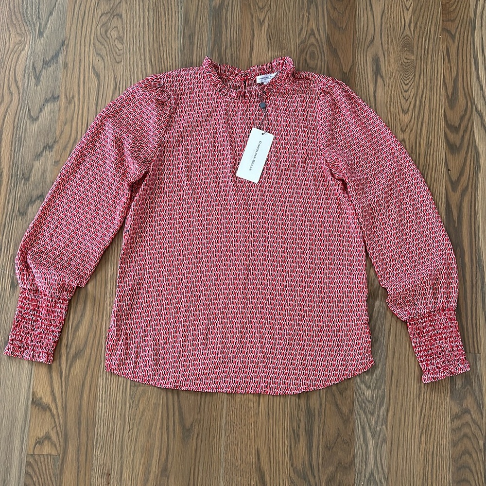 Carolina Belle Long Sleeve Blouse sz XS Women’s Rushed Cuff Frilled Neck Red Wht
